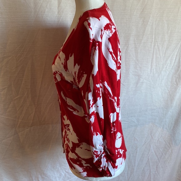 INC Floral Red/White Cardigan; Clear sequins; crystal buttons; 3/4 sleeves. SZ M - Picture 4 of 9